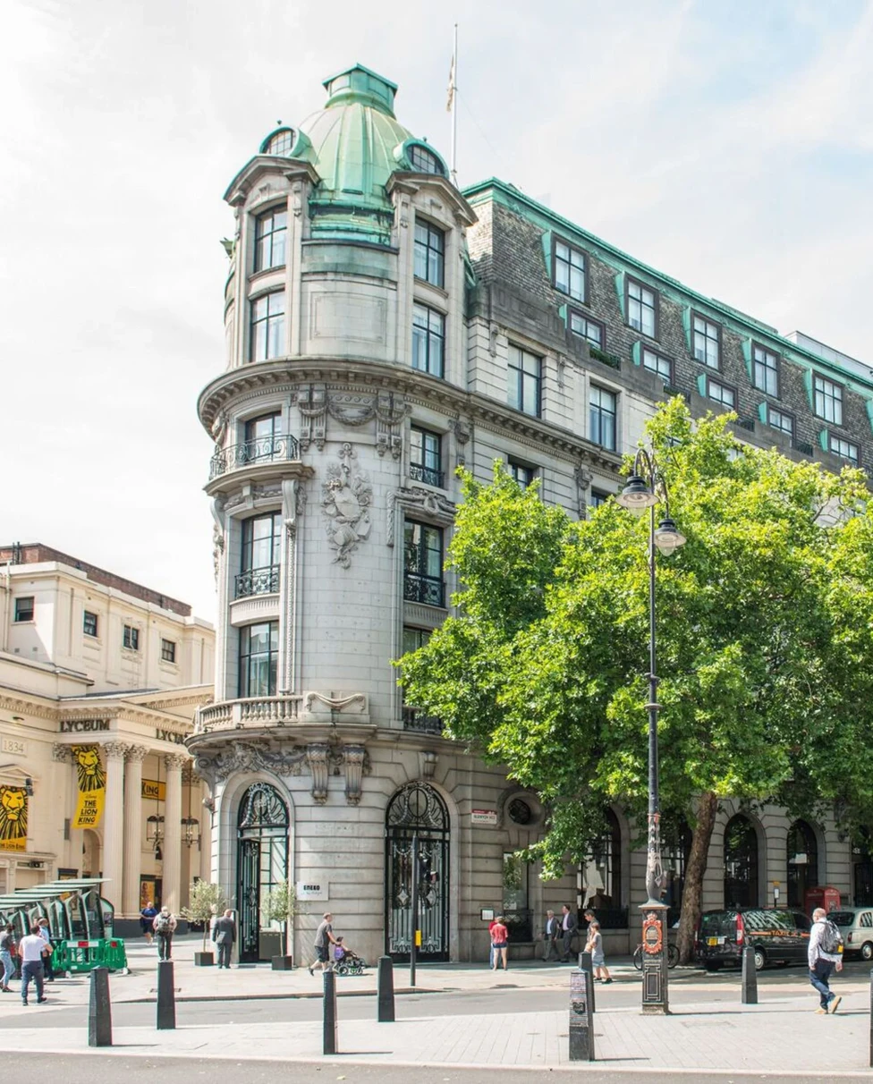 a fancy, stately building on a tree-lined street corner in London