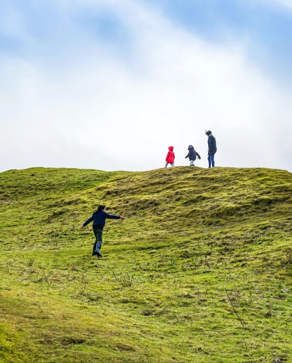 family walking on a grassy hill