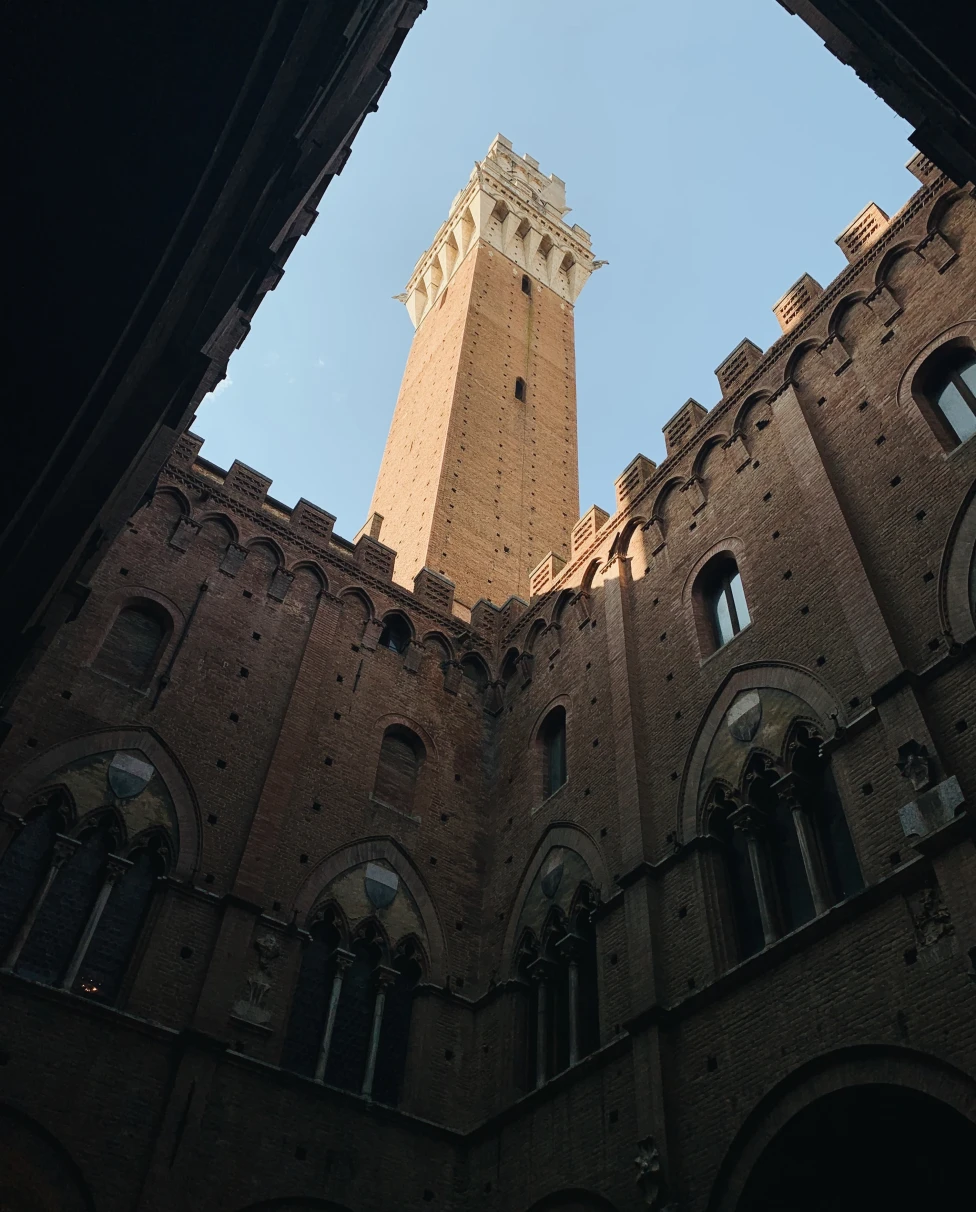Upwards view of Piazza del Campo in Siena, Italy