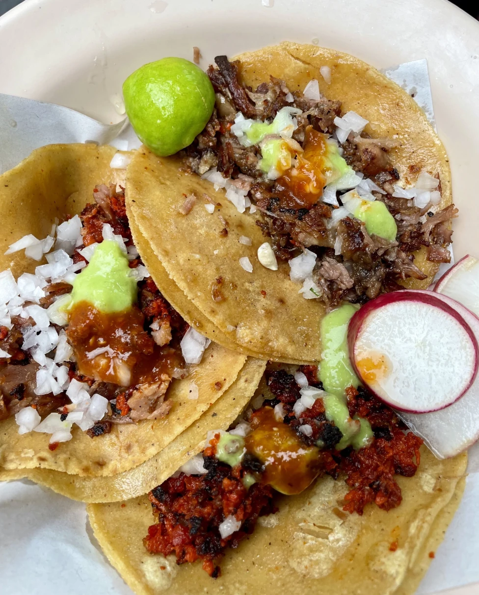 Three tacos with various toppings on a white plate, accompanied by a slice of lime and radish.