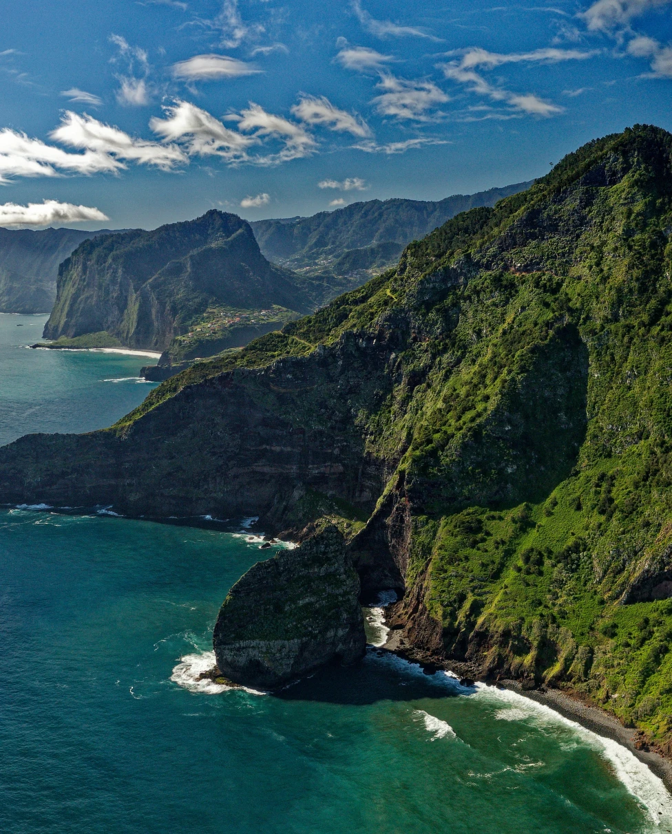 An aerial view of the island in the daytime.