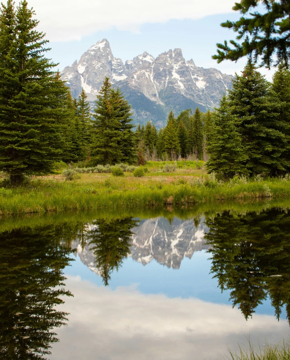 Lake with reflection of mountains and trees on a sunny day during the daytime.