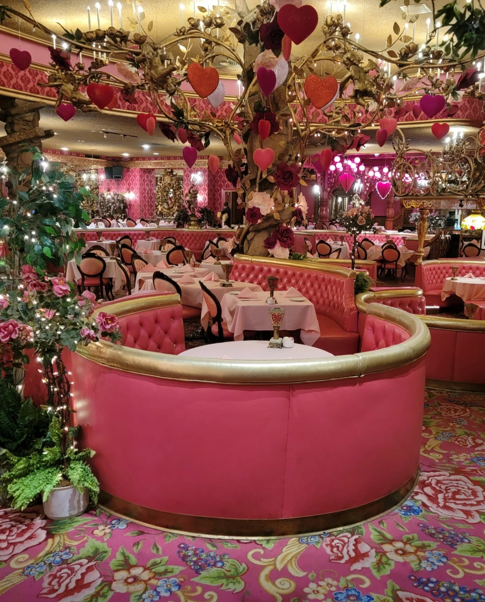 An indoor red colored restaurant