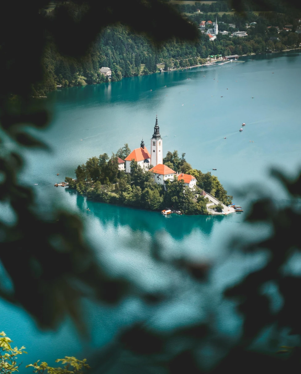 Aerial view of island on a lake.