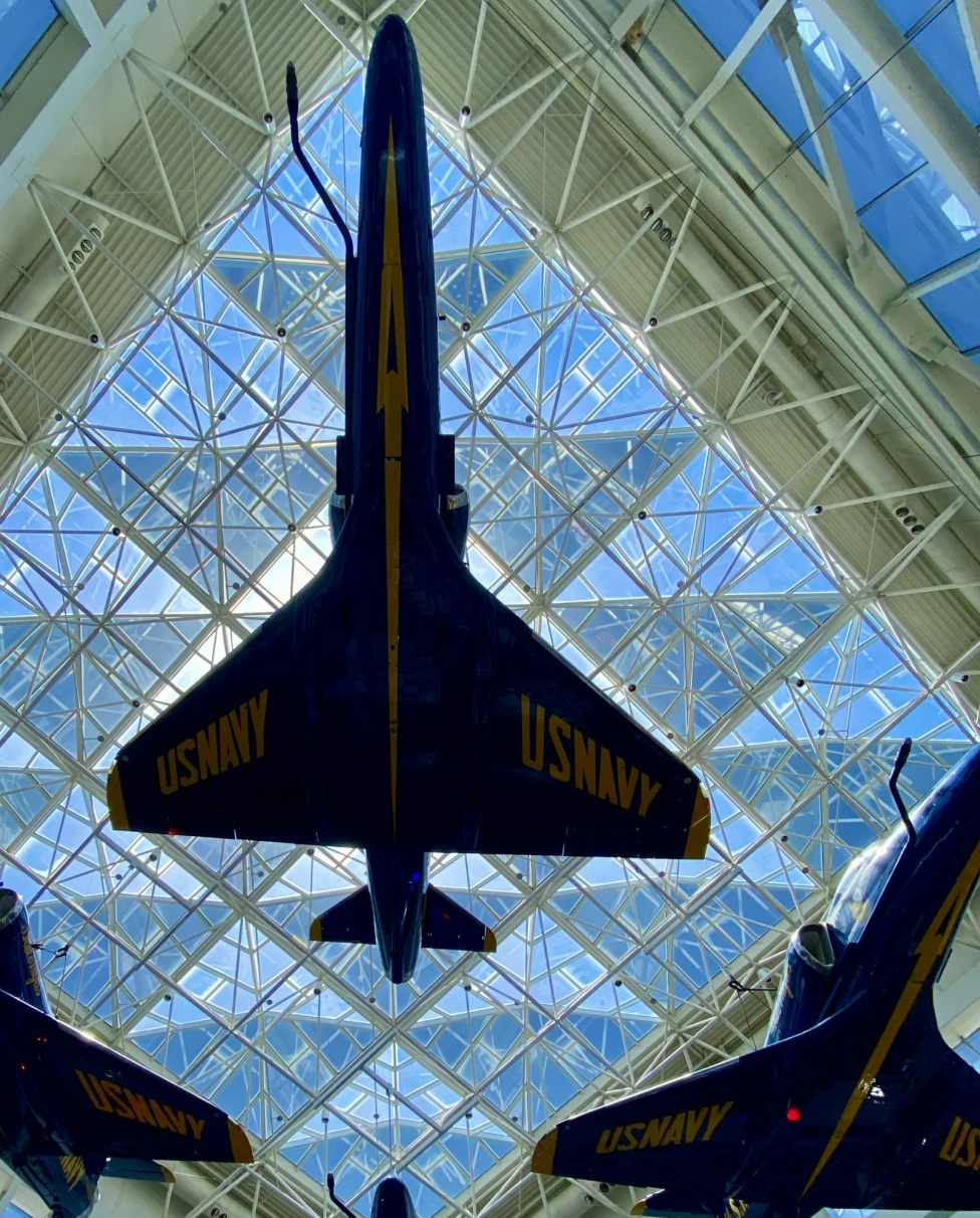 Aircrafts suspended at the ceiling of National Naval Aviation Museum.