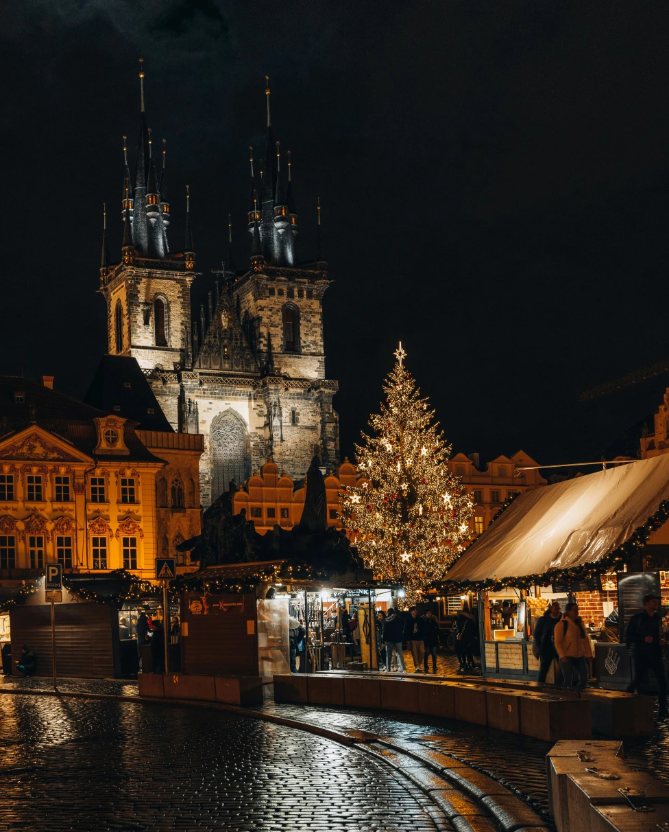 A night time view of a historic German town at night.