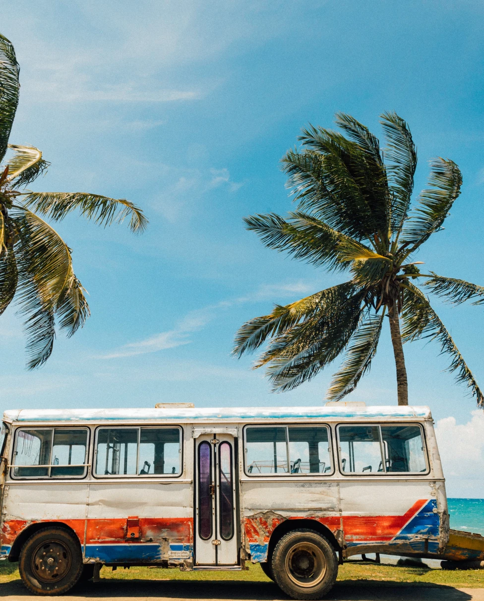 Colorful bus on the beach in Jamaica
