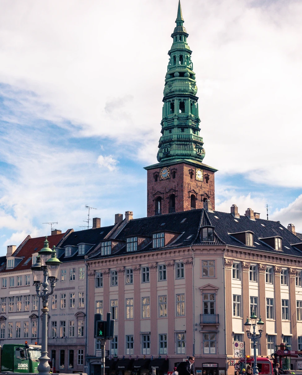 View of the clock tower in Copenhagen on a sunny day.