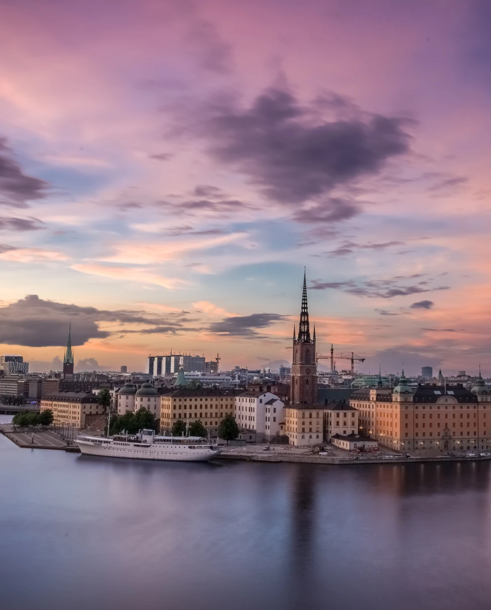 Skyline views of Stockholm at sunset.