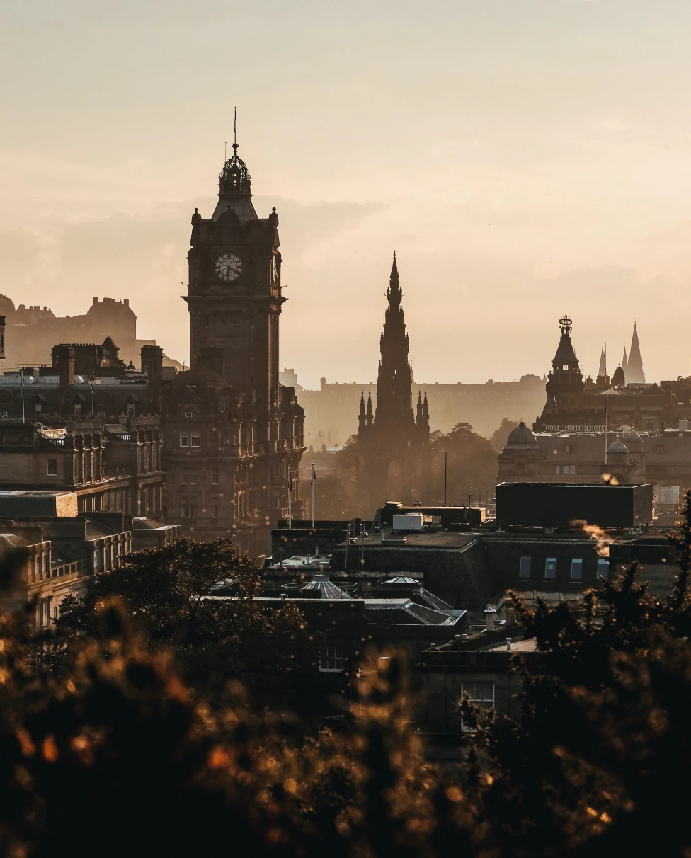An aerial view of the city at dawn.