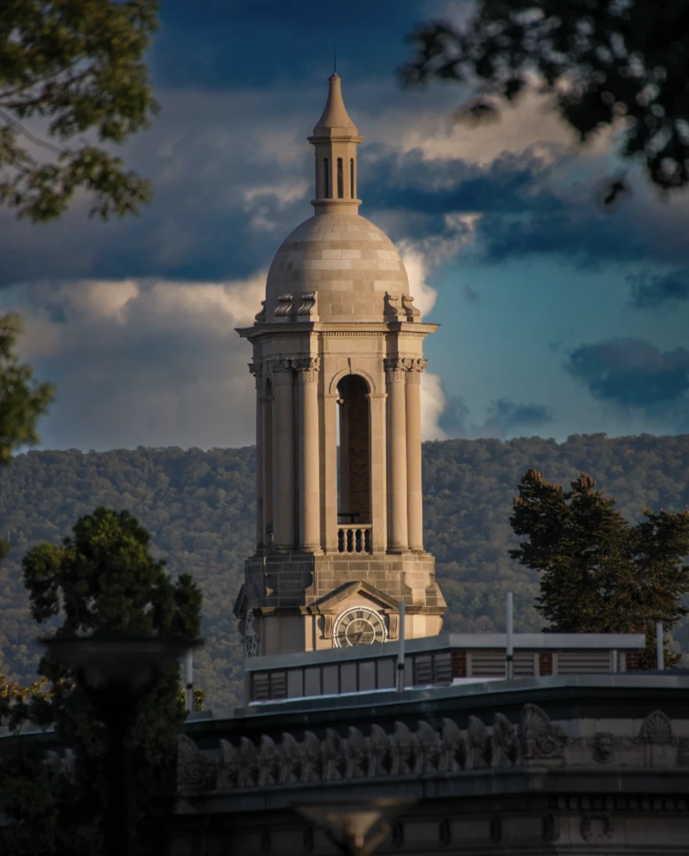 A beautiful stone tower with a dome roof with a narrow point. There is a blue, cloudy sky and trees faded in the distance.