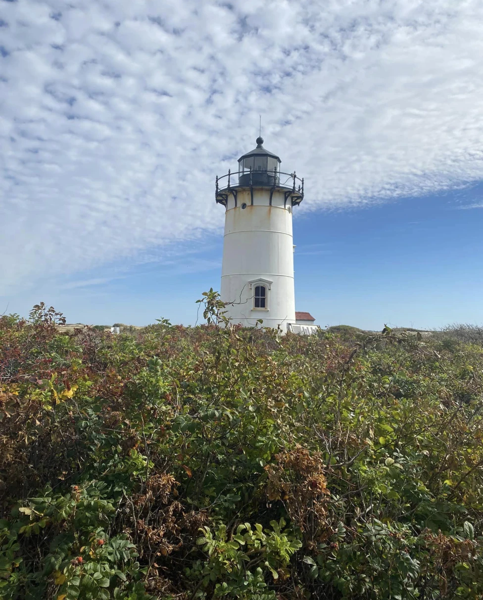 A lighthouse at the top of a grassy hill