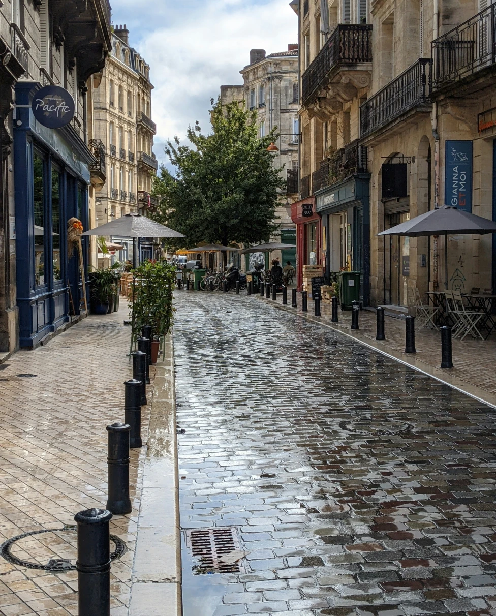 A view of a narrow street in Bordeaux, France on a rainy day.