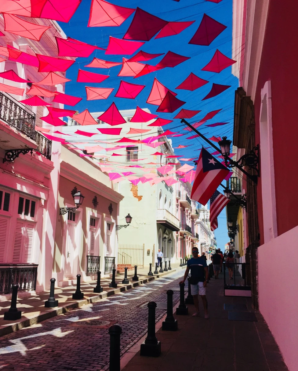 Red kite pennants on street photo