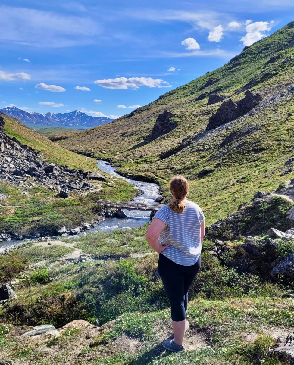 The image portrays a person standing amidst a serene green landscape with a flowing stream, surrounded by hills under a clear blue sky.