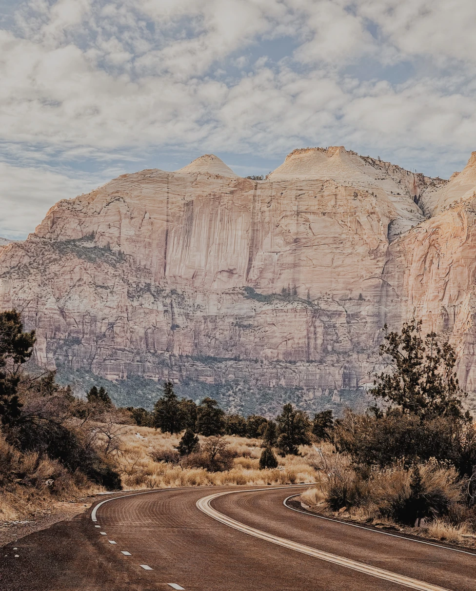 Road going to the brown rocky mountain of Zion National Park.