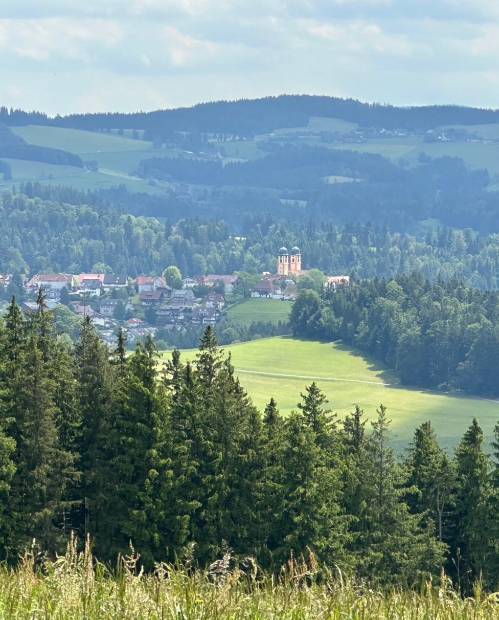A serene village with a church tower, nestled in lush greenery against a backdrop of rolling hills and a cloudy sky.