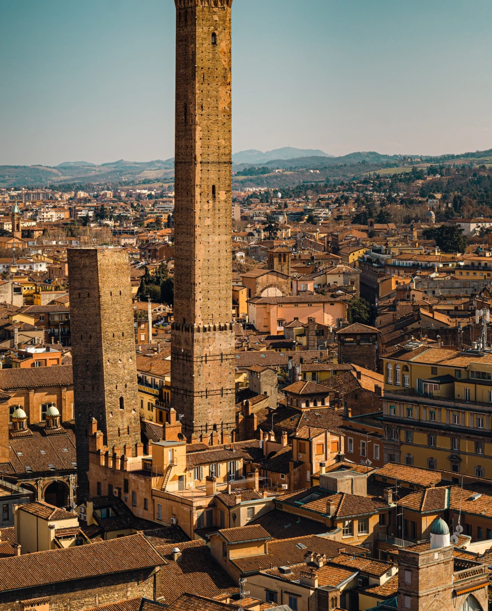 Aerial view of city buildings in Bologna.