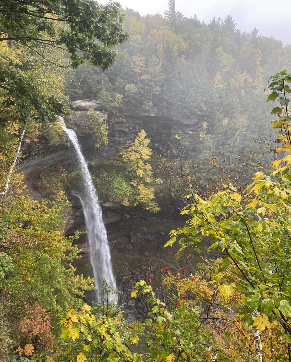 A waterfall amid a lush autumnal countryside