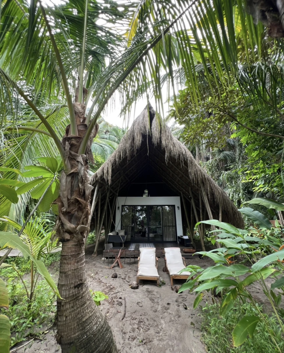 A picture of a hut type bungalow near a forest.
