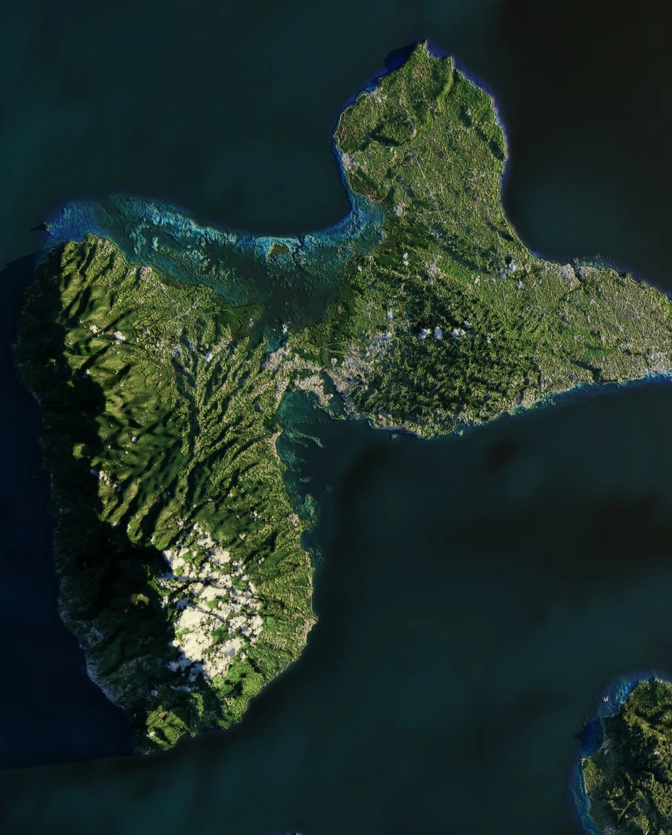 A satellite view of the Islands and the water.