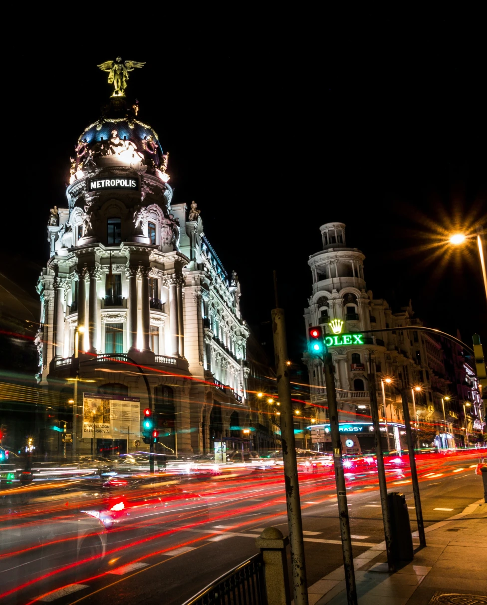 Street at night in downtown Madrid, Spain