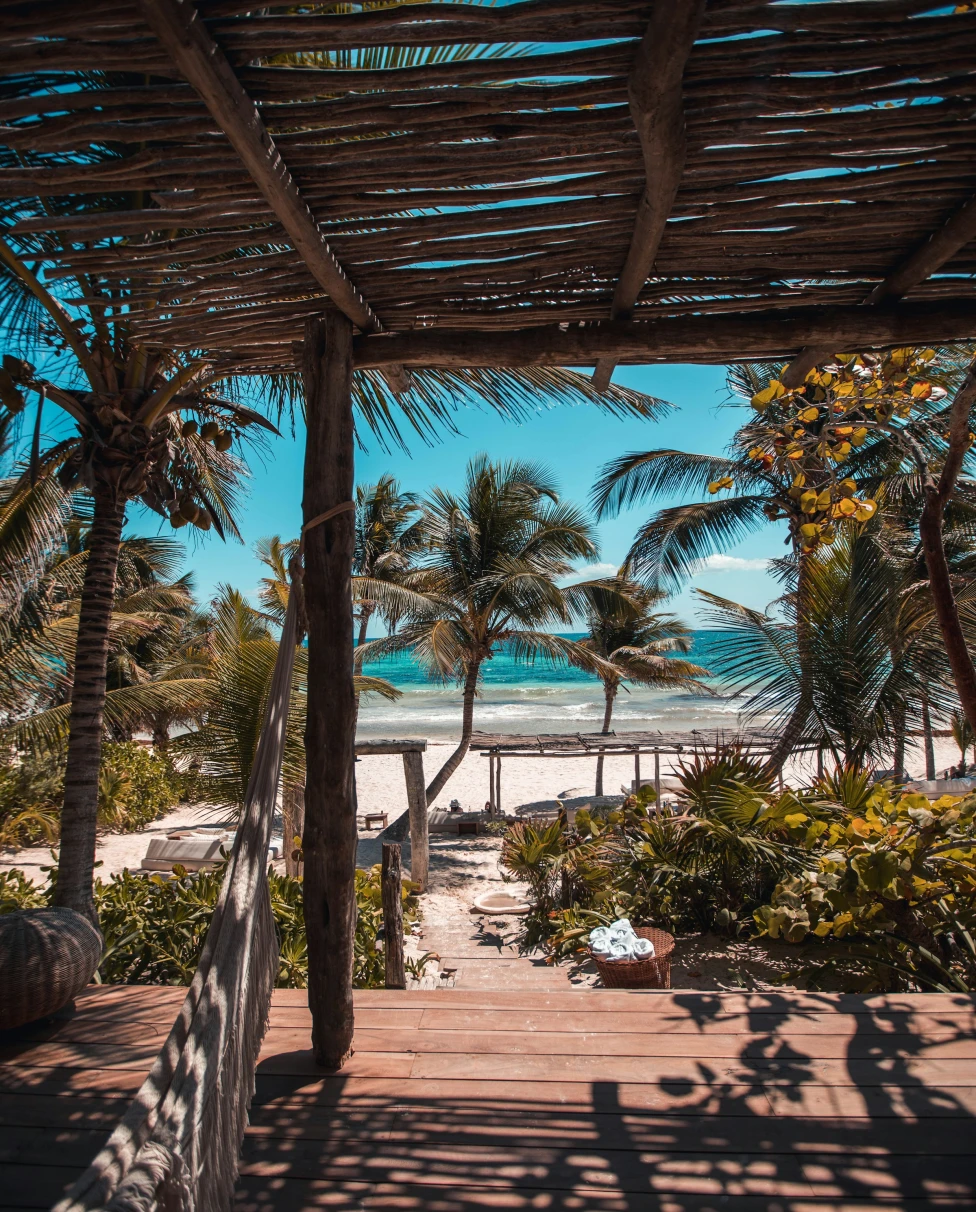Nipa hut under coconut palm trees.