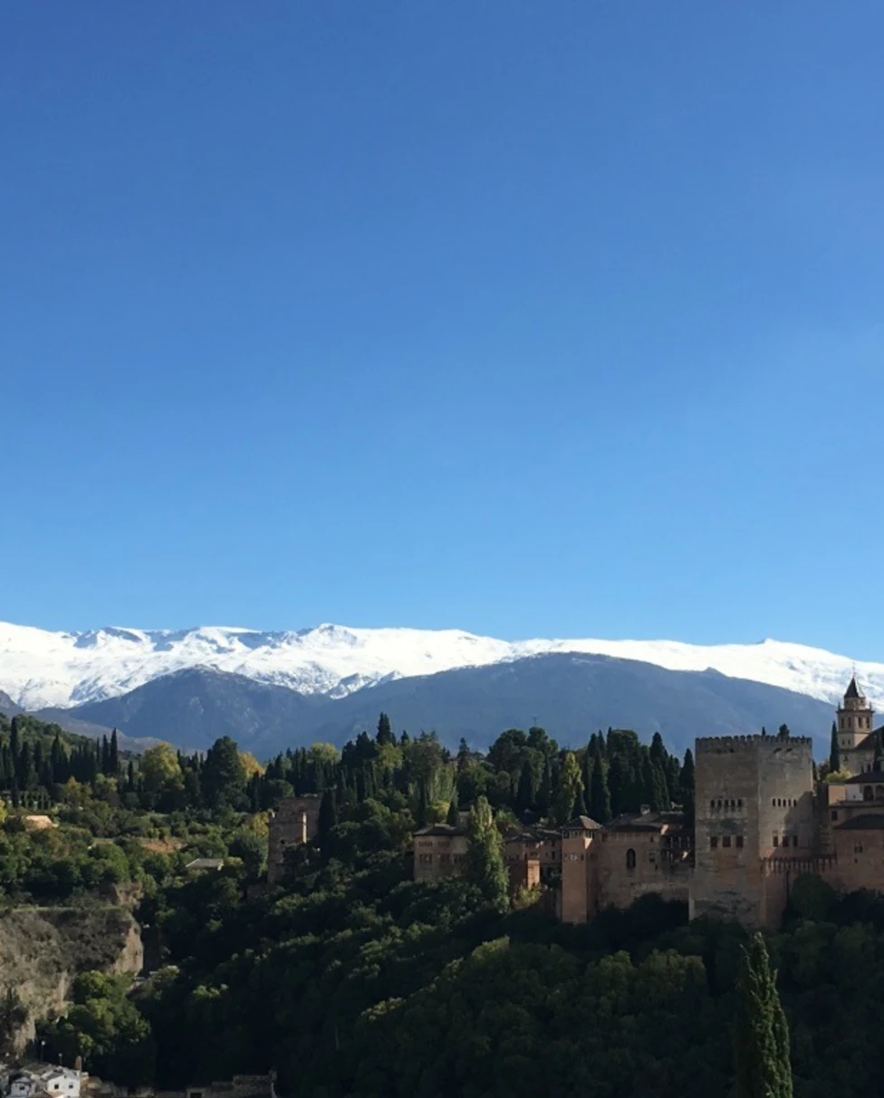 View of building, trees and snow covered mountains.