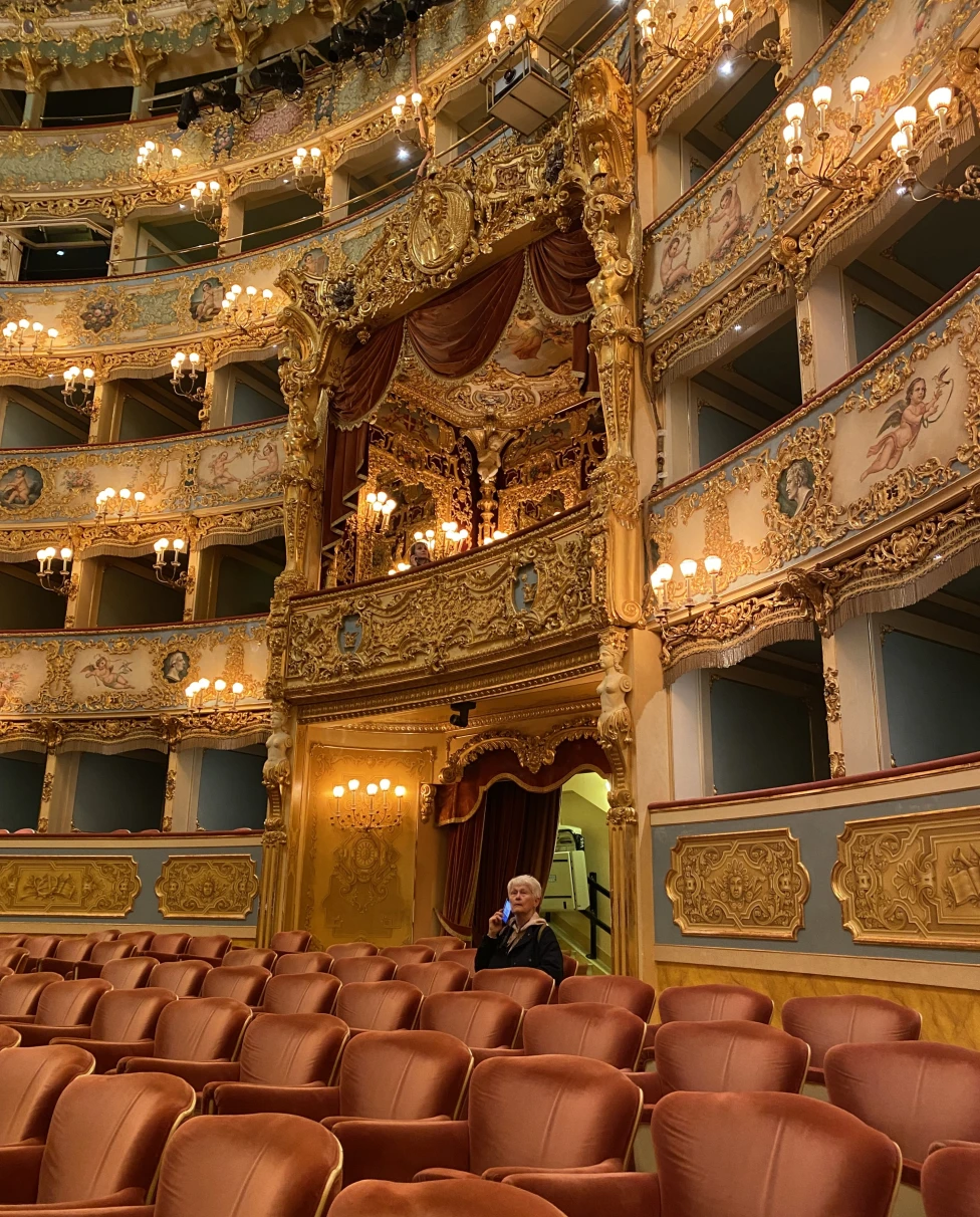 An ornate theater interior with gilded details and plush seating, viewed from a tilted angle.