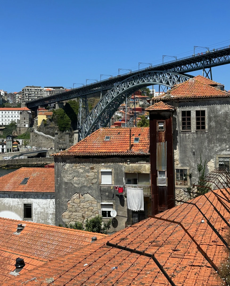 Buildings with orange roofs and bridge at the back during daytime.
