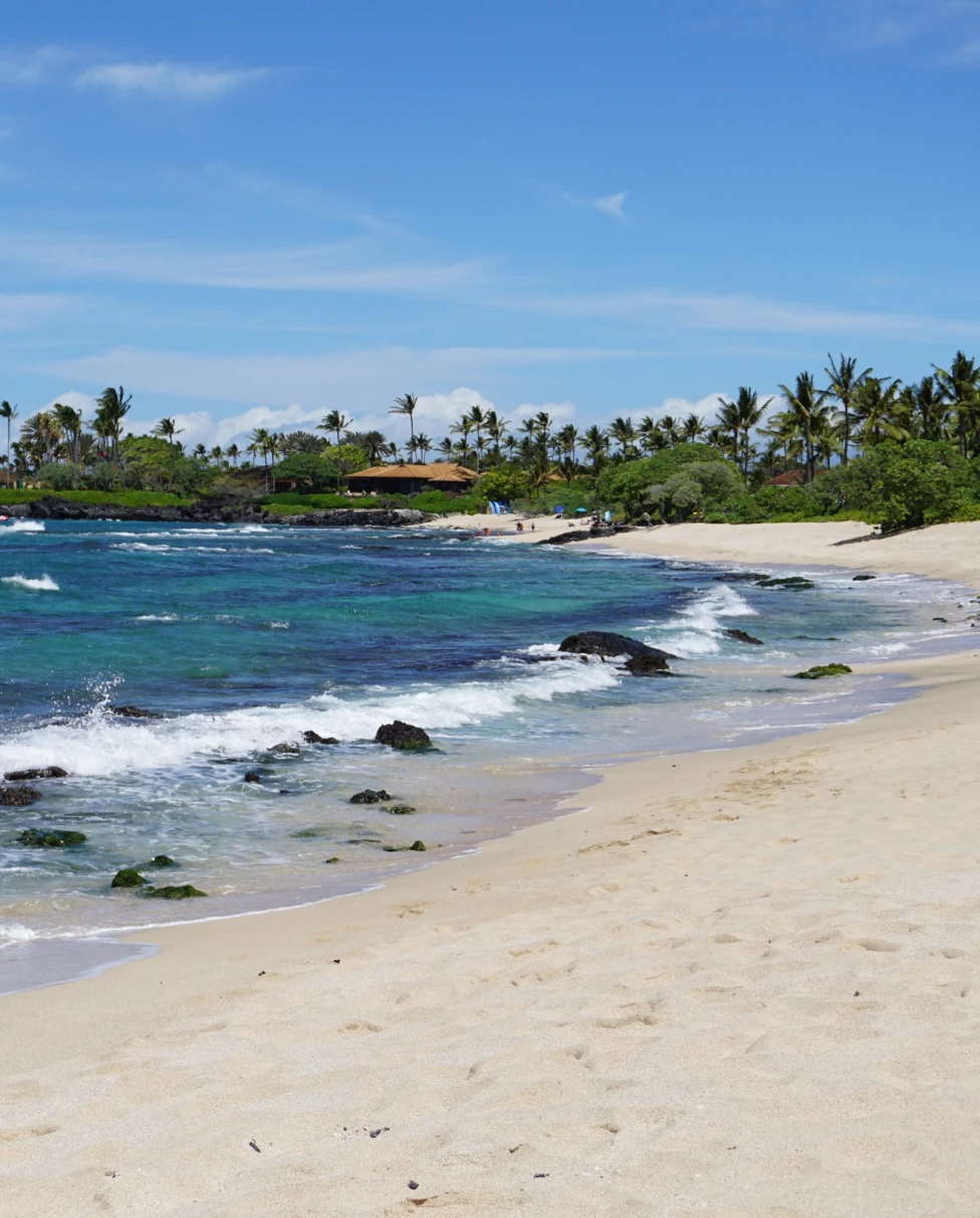 One of the best beaches on the Big Island, with white sand, blue waves and palm trees in the distance.