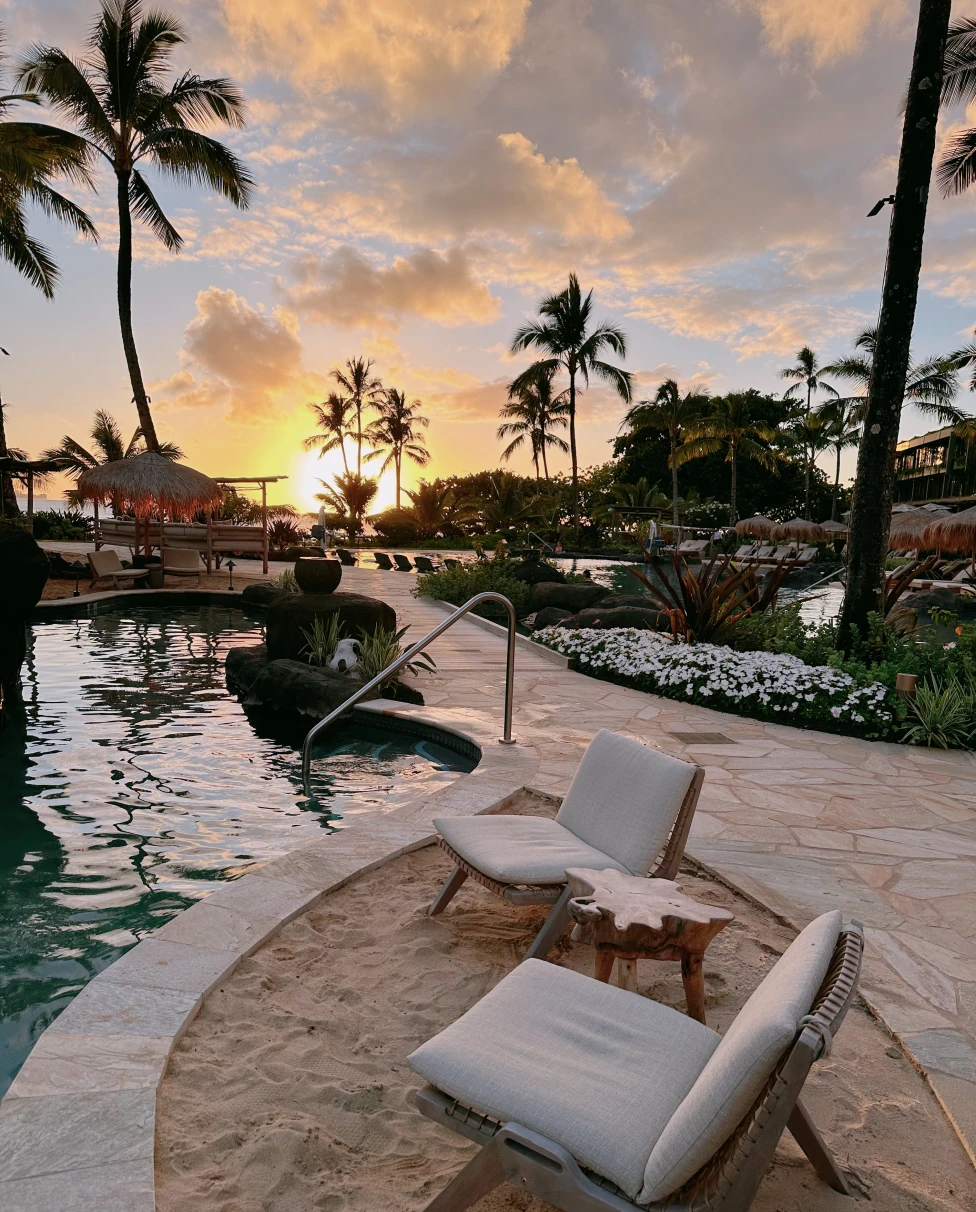 Sunset view on Kauai Island palm trees