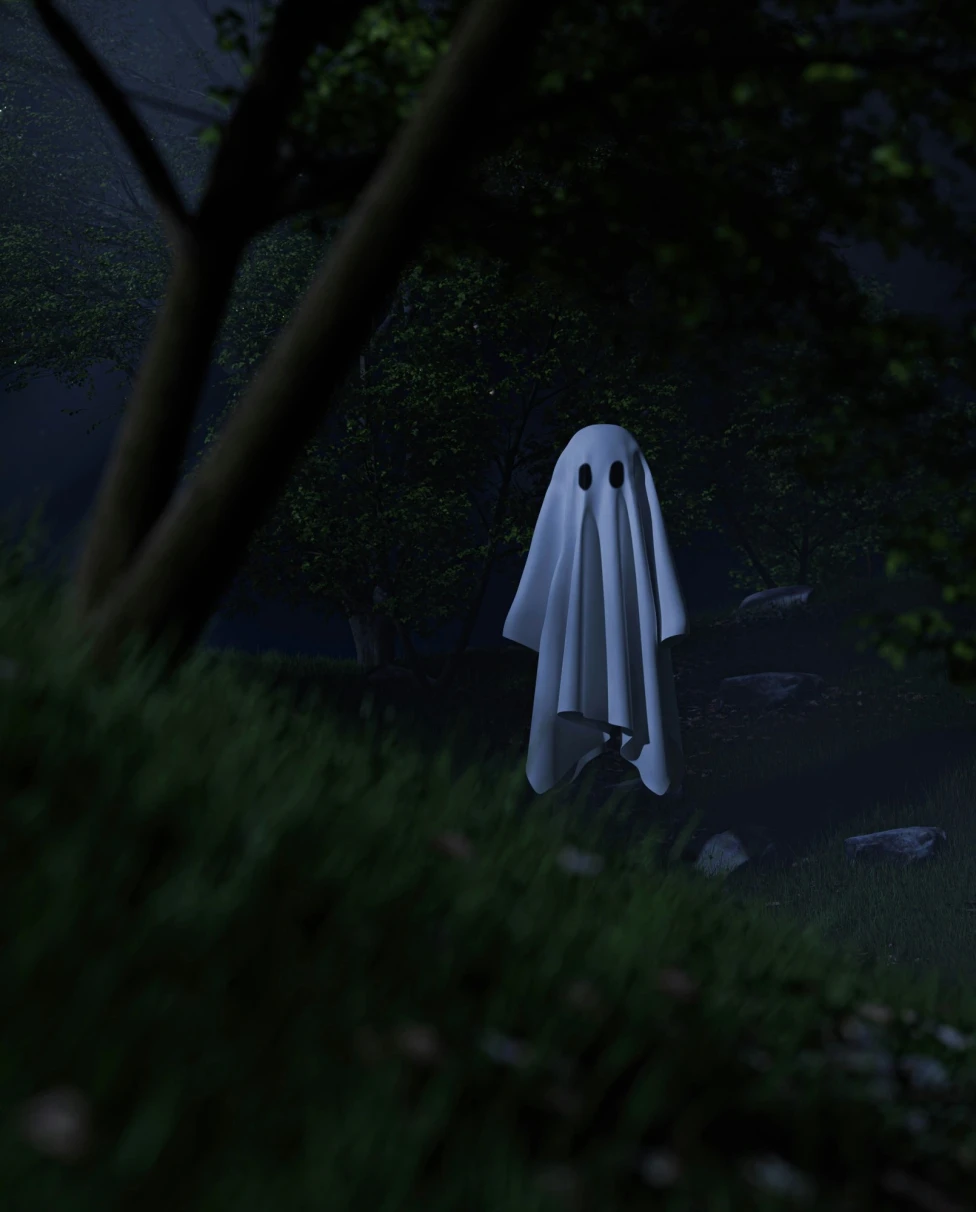 A ghost figure shrouded in white amidst a shadowy forest, evoking a sense of mystery and unease.