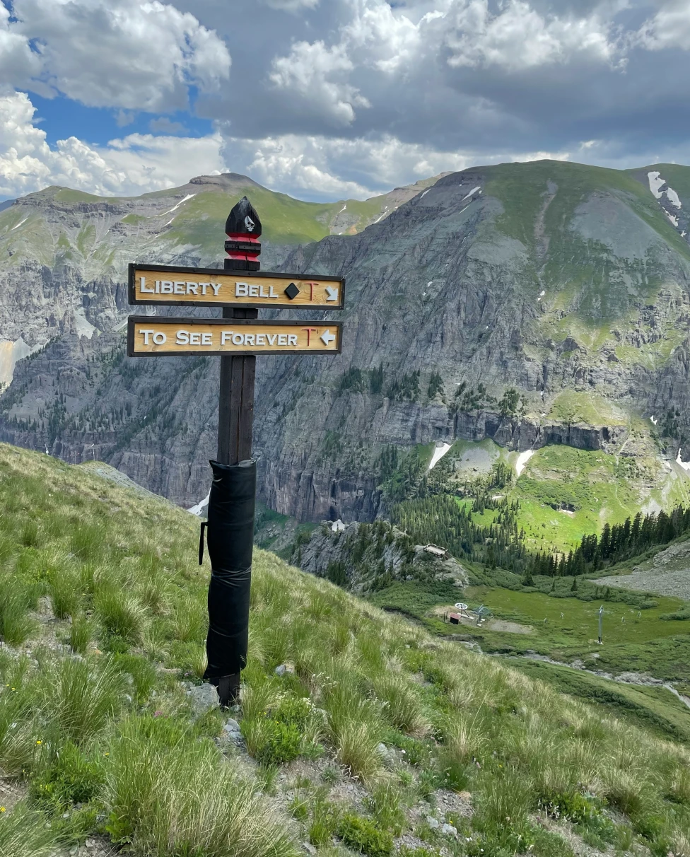 A direction sign perched onto a grassy hill with a large mountain and cloudy sky in the background.