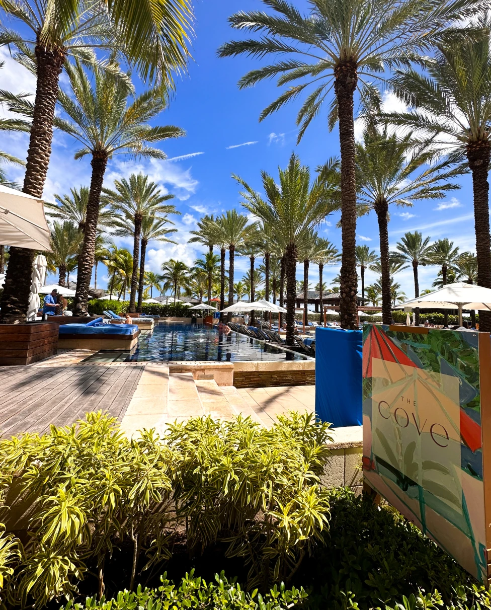 A view of pool patio surrounded by green shrubs, multiple palm trees towering over, white umbrellas, lawn chairs and a sign that says 'cove'. There are also stone steps leading down to the front of the pool.