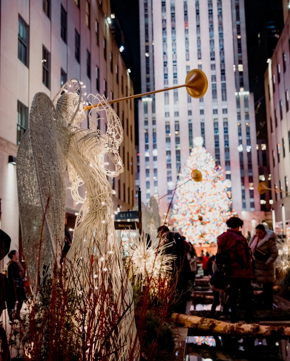 A group of people standing by the christmas tree in New York City.