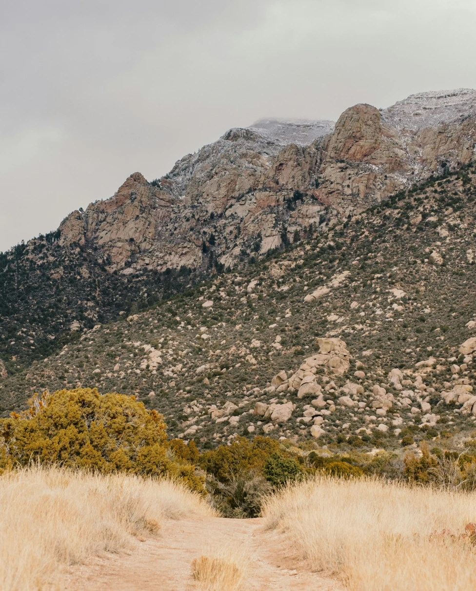 A photo of a trail that leads through dry grasses towards majestic, snow dusted mountains under a cloudy sky.