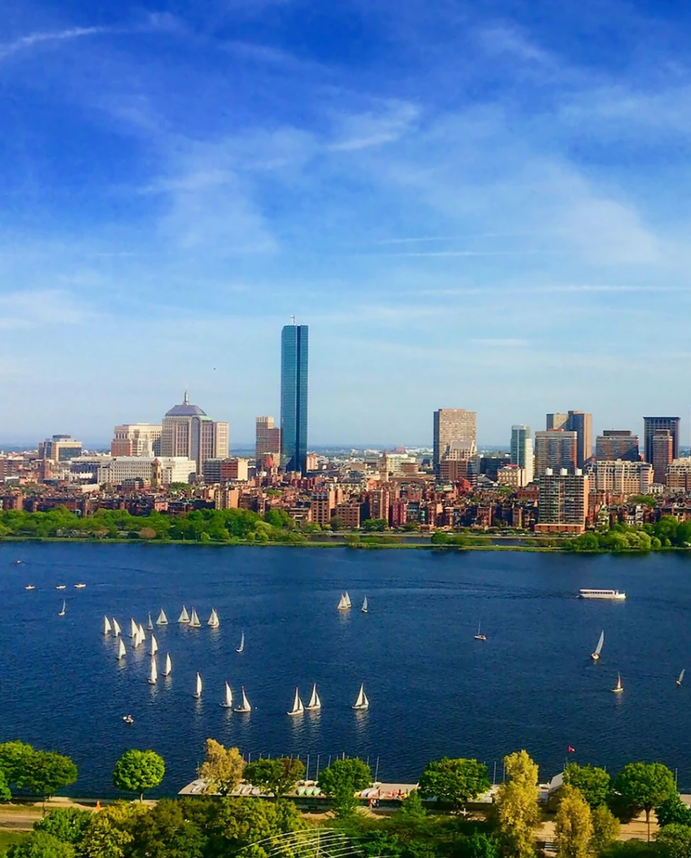 A beautiful view of the Boston skyline with the vibrant blue harbor in the forefront. There are boats and trees surrounding the skyscrapers, water and industrial views.