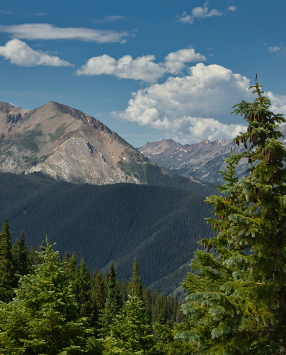 A scenic view of a mountain range with lush greenery in the foreground under a blue sky dotted with clouds.