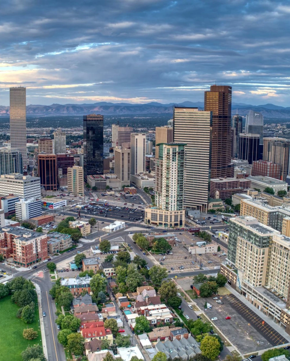 Aerial view of Denver's skyline.