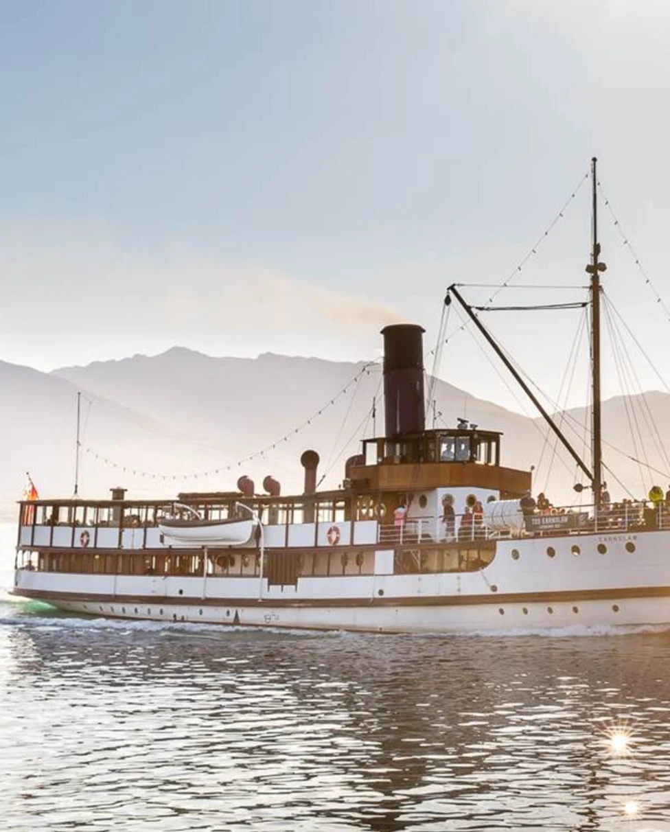 A cruise ship on sparkling water with mountains in the background.