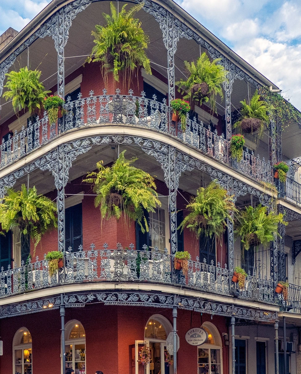 A huge building having trees hanging on the balcony