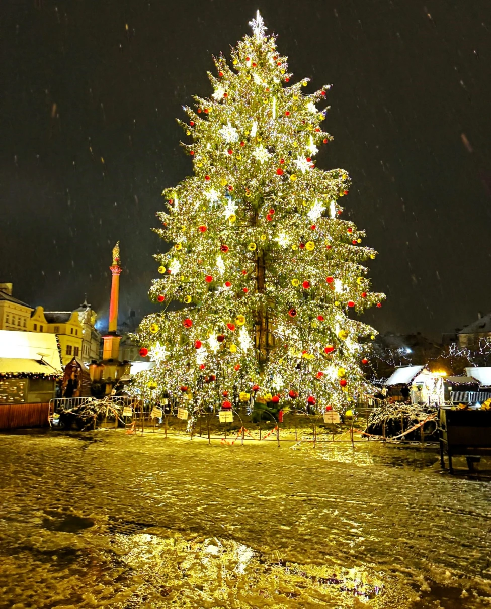 A large illuminated Christmas tree adorned with red ornaments and lights, set in a nighttime outdoor setting with snowfall in Prague.