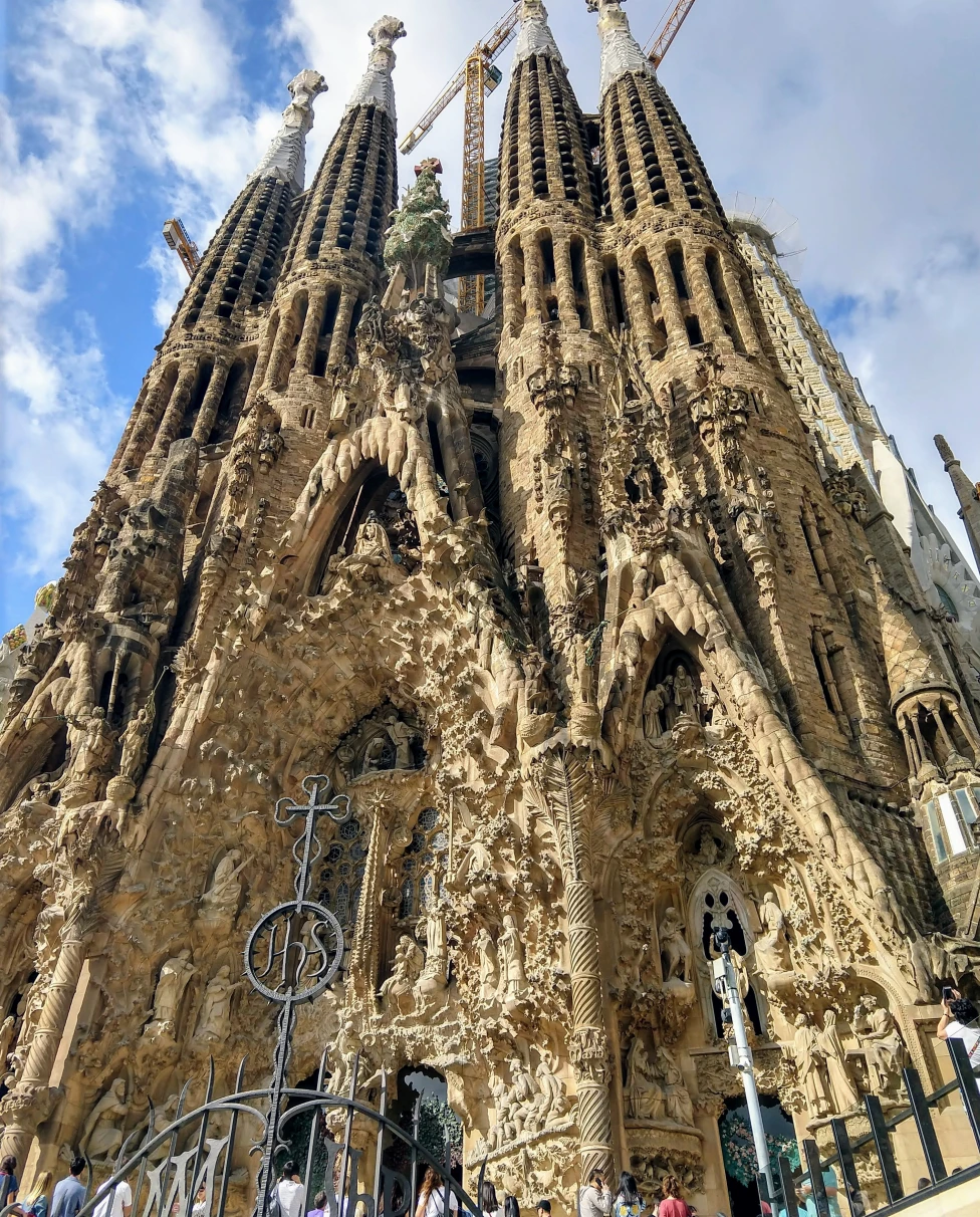 The close-up view of Sagrada Família shows its amazing architecture.