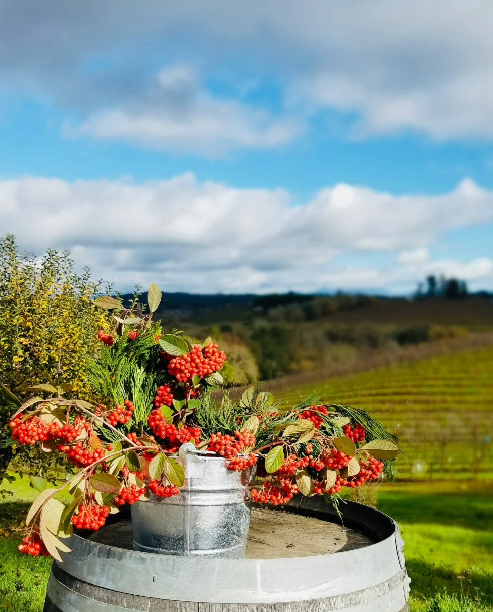 A wine barrel outside in front of a view of a field during the daytime