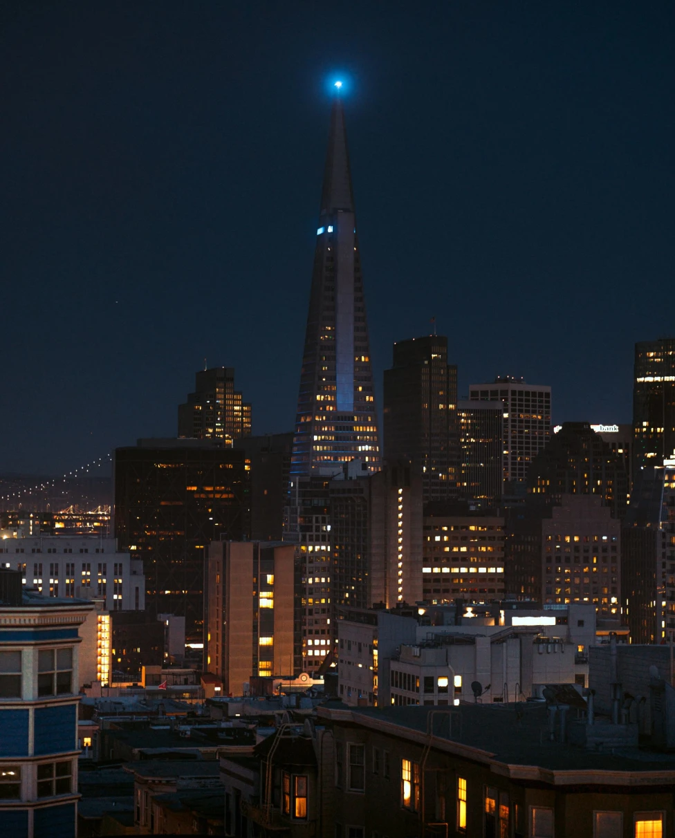 City skyline at night.