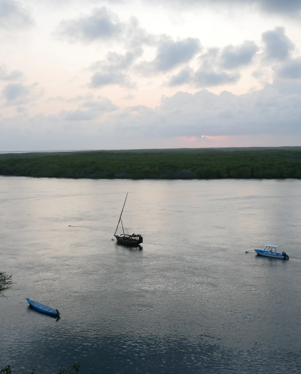 View of lake with kayaks.