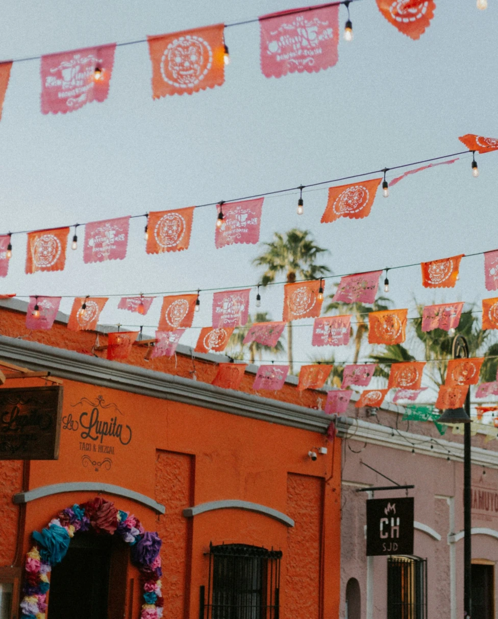 Street with orange buildings and flags.