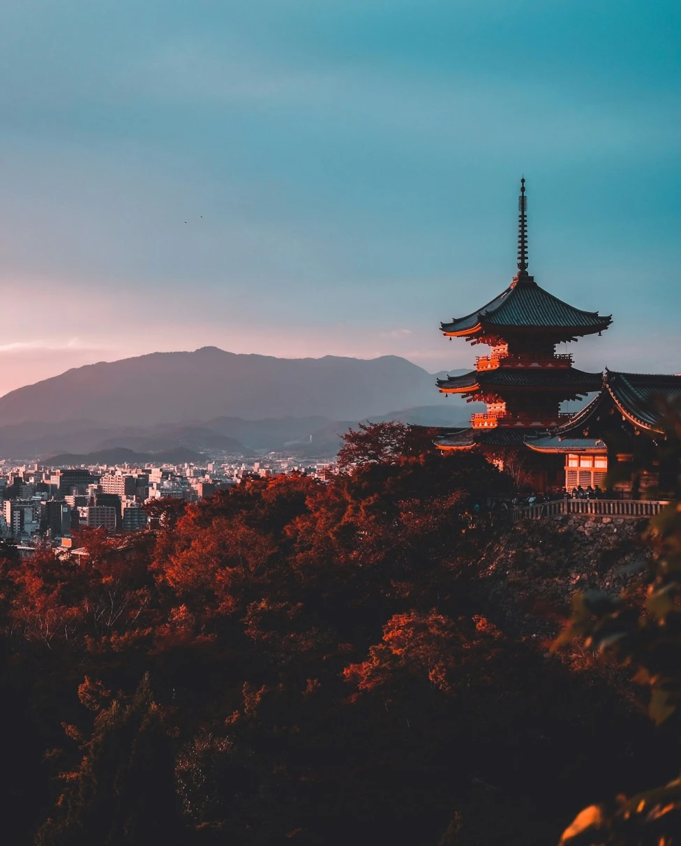 Pagoda surrounded by trees during a sunset