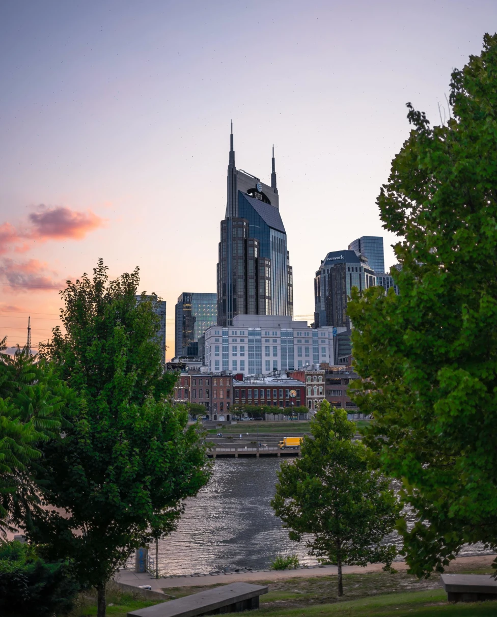 City buildings near the river.